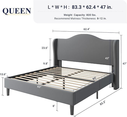 Allewie Queen Size Bed Frame, Upholstered Wingback Platform with 47" Tall Tufted Headboard, Plush Velvet Fabric, Modern Minimalist Design, No Box Spring Required, Tool-Free Assembly, Grey