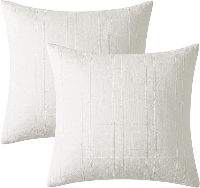 MIULEE Decorative Linen Check Euro Shams Throw Pillow Covers Neutral Farmhouse Vintage Pillow Covers 22x22 Set of 2 Boho Modern Home Decor for Sofa Couch Bedroom Cushion Cream White