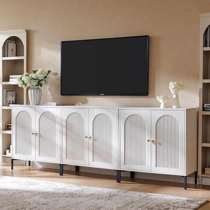 IFGET Modern Buffet Cabinet with Storage, 92.63" W Fluted Arched Sideboard Cabinet w/Adjustable Shelves, Wooden Modular Coffee Bar for Dining Room, Kitchen, Living Room, Entryway, White