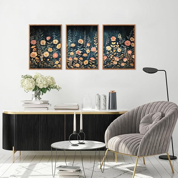 HPNIUB Modern Dark Wildflower Framed Canvas Wall Art Set,Minimalist Nature Jungle Botanical Landscape Wall Decor, (12x16 Inch) Farmhouse Painting for Living Room, Bedroom, Office