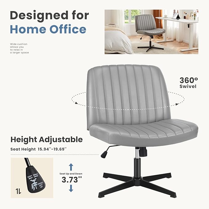 DUMOS Criss Cross Chair Legged Office Chair, Wide Comfy Desk Seat, Armless Computer Task Chairs, Swivel Vanity Home Chair No Wheels,Height Adjustable