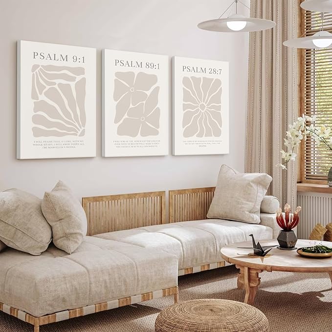 Scripture Christian Wall Art Set of 3 Beige Bible Verses Wall Decor Neutral Psalm Canvas Wall Art Modern Pictures Flower Prints Christian Artwork for Living Room Bedroom 12x16 Inch Ready to Hang
