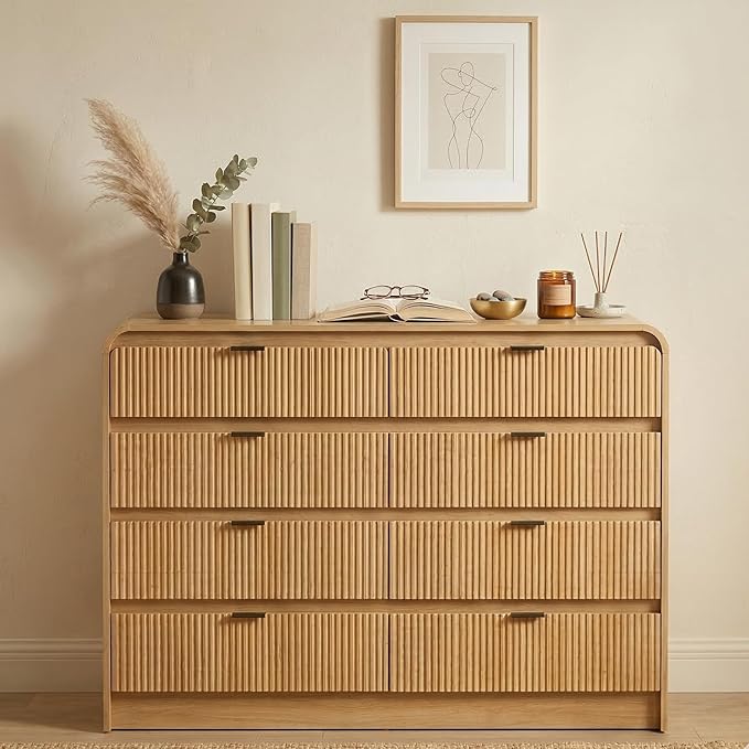 FURSUN Fluted 8 Drawers Dresser for Bedroom, 55" Wide Wooden Dresser with Metal Handle, Curved Profile Design, Modern Storage Organizer for Bedroom, Living Room, Hallway, Natural Oak