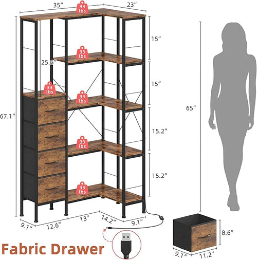 AFLUI Corner Bookshelf with LED Light Strips & 4 Fabric Drawers, 5-Tier Convertible Corner Shelf with Display Shelf, Large Wood Industrial Bookcase for Living Room, Bedroom, Home Office, Rustic Brown