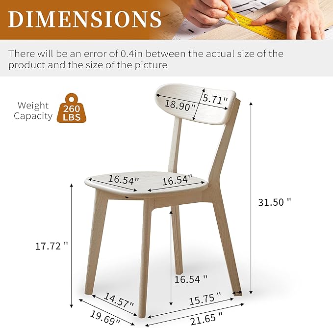Modern Dining Chairs, Solid Oak Wood Dining Chair with Comfortable Backrest, Sturdy Wooden Chairs for Kitchen, Dining Room, White