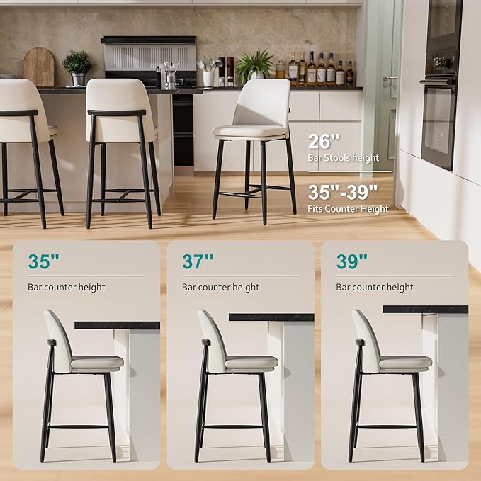 GXJ Bar Stools Set of 6, Upholstered Counter Height Bar Stools, 26 Inch Modern Counter Stools with Back, Textured Leather&Fabric, Metal Legs,Barstools for Kitchen Island Dining Room, White
