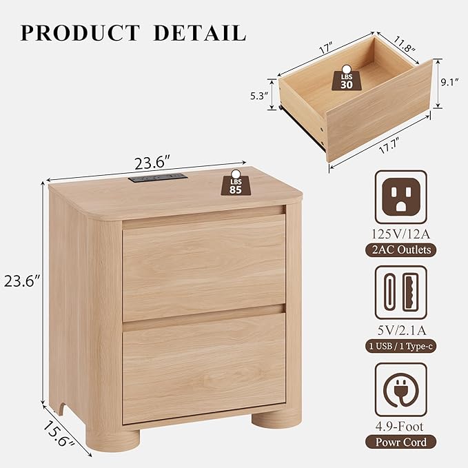Nightstands Set of 2 with Charging Station, 23.6" Modern Night Stand with Unique Thickened Foot and 2 Storage Drawers, Bedside Table with Rounded Corner Design for Bedroom, Natural