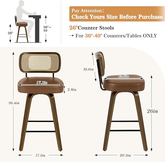 Bekrvio Swivel Counter Height Bar Stools Set of 4, Upholstered Faux Leather Barstools with Rattan Back, 26" Seat Height Bar Chairs for Kitchen Island, Bentwood Wood Frame, Brown