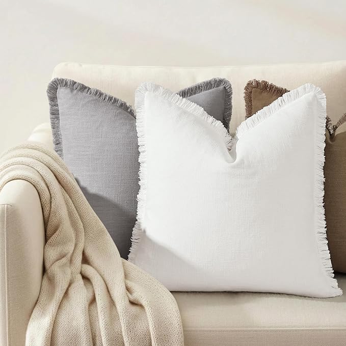 decorUhome Summer Decorative Neutral Linen Fringe Euro Sham Throw Pillow Covers Set of 2 Cream White Pillow Covers with Tassels Soft Farmhouse Boho Accent Pillow Cases for Couch Bed Sofa 26x26 Inch