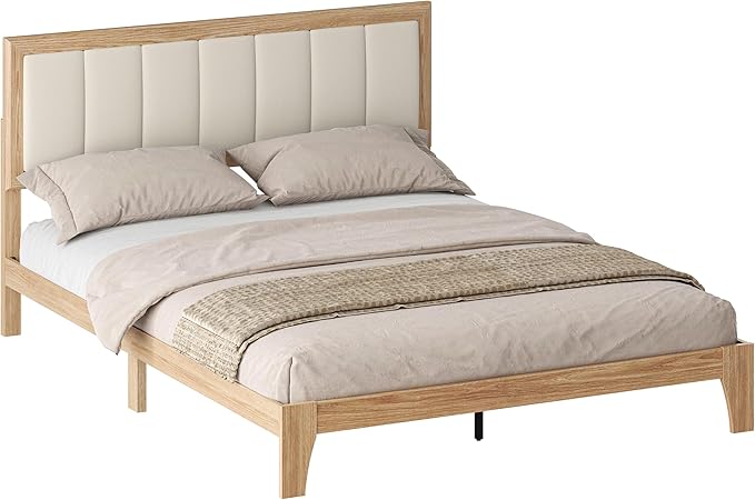 HOMCOM Queen Size Bed Frame with Upholstered Headboard, Platform Bed Frame with Wooden Slats, No Box Spring Needed, Easy Assembly, Natural