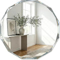 24 Inch Faceted Round Mirror for Wall Decor, Diamond-Cut Beveled Circle Vanity Mirror, Solid Backed Sparkle Frameless Mirror for Powder Room & Entryway, Art Deco Style