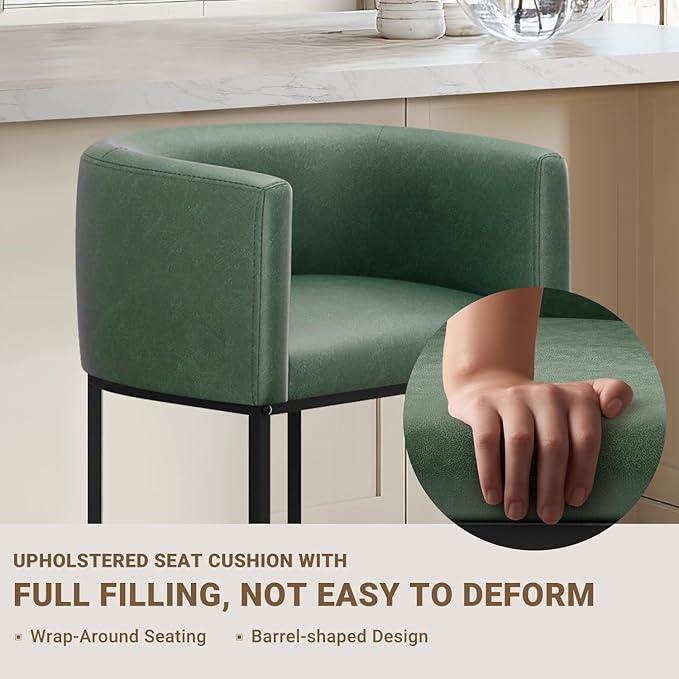 26" H Counter Height Bar Stools Set of 4, Modern Barrel Counter Stools with Backrest and Arms, Faux Leather Upholstered Accent Barstools for Kitchen Island,Support 450 LBS (Green)