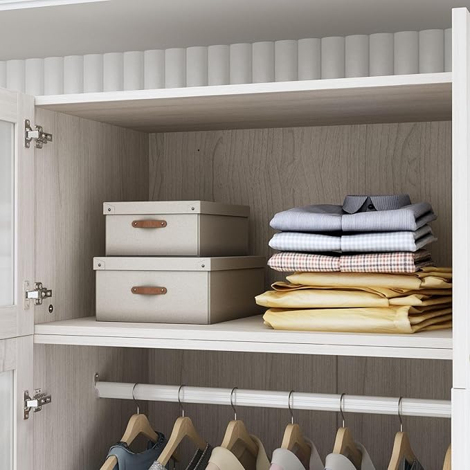 MOUMON 86.6" Wardrobe with Frosted Glass Doors & 2 Drawers, Armoire Closet with Hanging Rod, Top Storage, for Bedroom 31.5”W x 19.7”D x 86.6”H