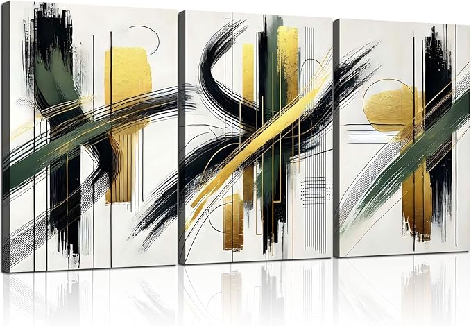 3 Pcs Framed Abstract Wall Art Modern Gallery Prints Black Green Gold Lines Canvas Painting Minimalist Poster Picture Living Room Bedroom Office Wall Decor 12x16 Inch Ready To Hang