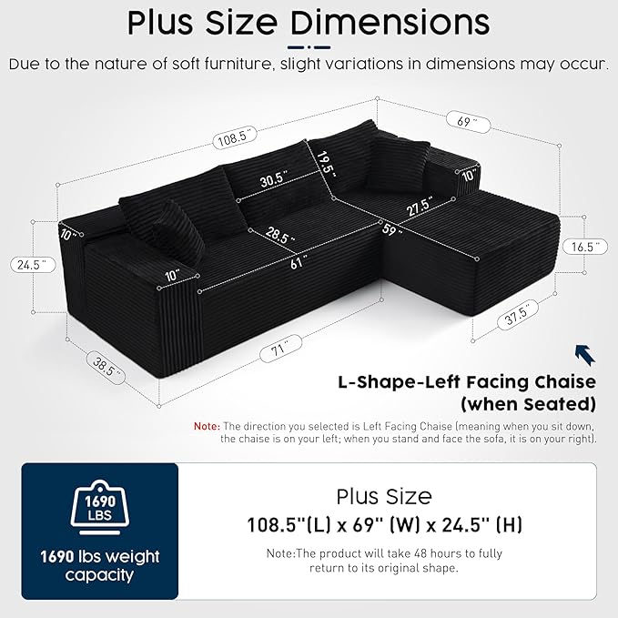 Black Sectional Couch for Living Room - 108" Modular Cloud Sofa with Chaise, Ultra Soft Corduroy L-Shaped Large Couches, Boneless Deep Seat Sectional Couch, No Assembly Required (Left Facing Chaise)