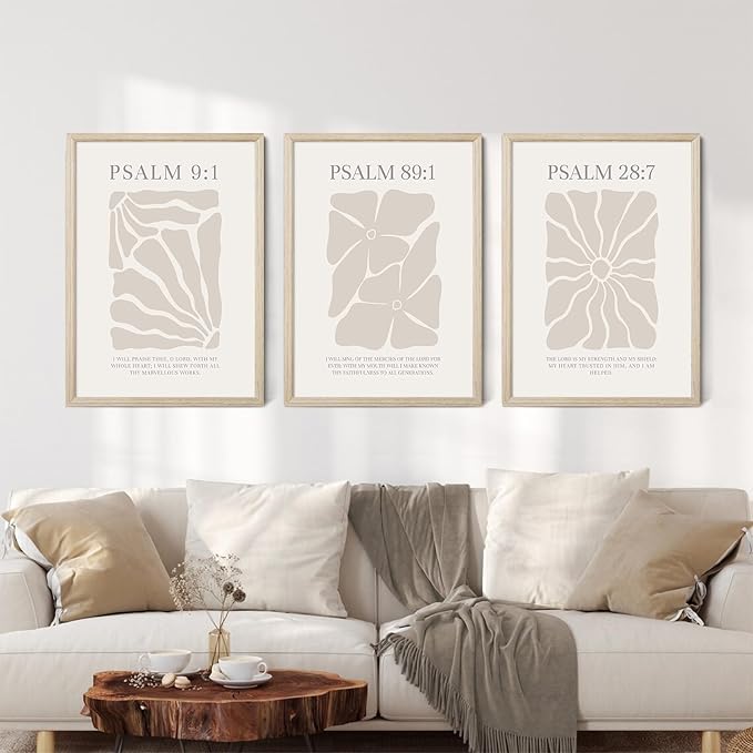 Scripture Christian Wall Art Set of 3 Beige Bible Verses Wall Decor Neutral Psalm Canvas Wall Art Modern Pictures Flower Prints Christian Artwork for Living Room Bedroom 12x16 Inch Framed