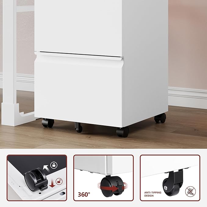 RAVIGIN 2 Drawer File Cabinet，Mobile Filing Cabinet with Lock and Wheels，Un-Assembled Metal Under Desk File Cabinets for A4/Letter/Legal Size（White