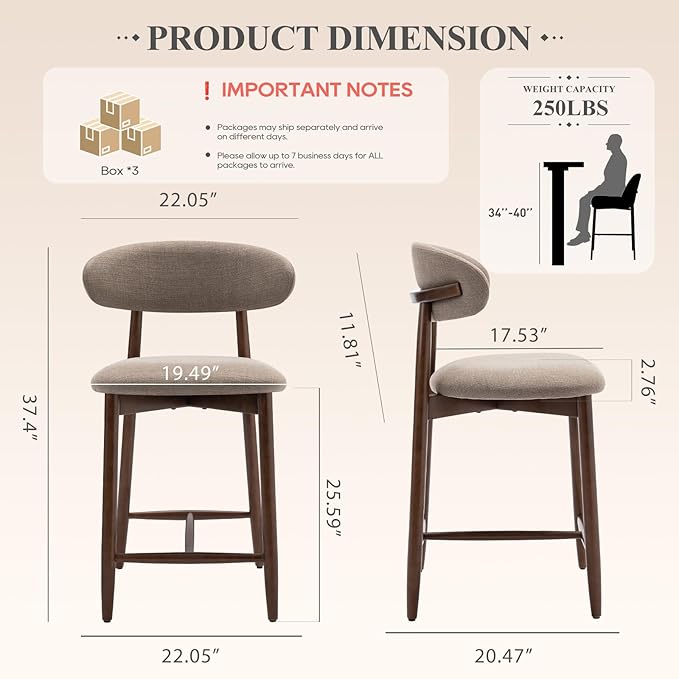 Upholstered Counter Height Bar Stools Set of 6, Kitchen Island Stools with Back, Modern Counter Stools Island Bar Chairs with Wood Legs for Kitchen Island Dining Room Bar, Camel