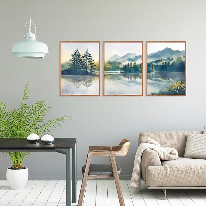 HPNIUB Green Mountain Framed Canvas Wall Art Set, (12X16 Inch) Nature Foggy Forest Lake Reflection Wall Decor,Modern Pine Tree Artwork,Watercolor Landscape Art Print for Living Room,Bedroom,Office