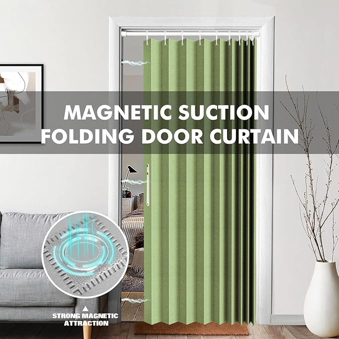 Jilron 100% Blackout Fabric Folding Door Curtain with Magnetic Closure - Accordion Style for Sliding Doors, Closets,Wardrobe and Temporary Door Solutions Doorway Curtains（W42 x L78, Green，1 Panel）