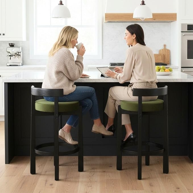 LukeAlon Mid Century Velvet Counter Stools Set of 2, Upholstered 26.5” Seat Height Low Barstools with Black Wood Legs Retro Round Kitchen Stools with Footrest for Dining Room Bar Coffee Shop, Green