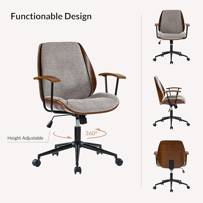 Modern Office Chair with Bentwood Polyester Upholstery Ergonomic Swivel Desk Chair with Adjustable Height for Home Office or Study Tan
