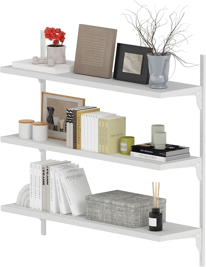 8" Deep ×32″ Long Adjustable Deep Floating Shelves for Wall 3‑Tier, Wall Mount Metal Shelf 165 LBS, Heavy Duty White Storage Rack for Garage, Kitchen, Bathroom, Bedroom, Wall Shelving Decor