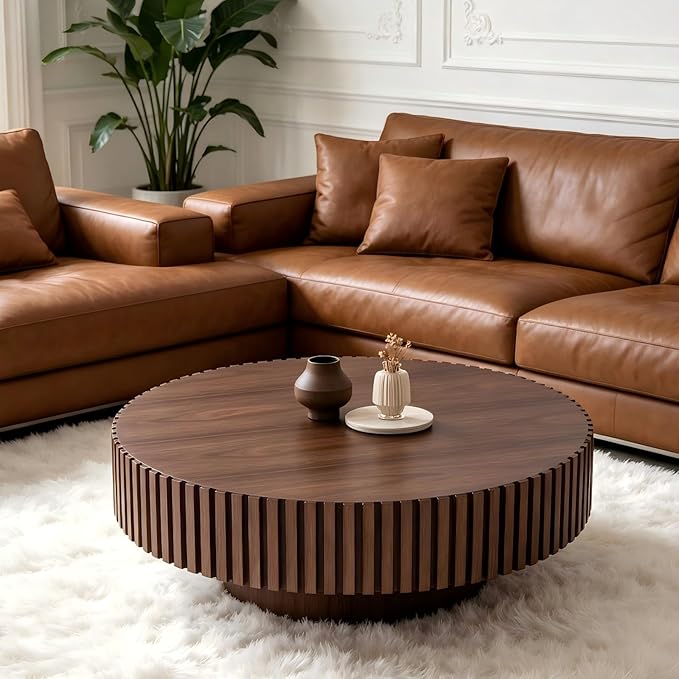 KEVINSPACE Round Coffee Table, 39" Big Wooden Fluted Coffee Table with Fluted Base, Circle Accent Center Table for Living Room Apartment Office Small Space, Easy Assembly, Walnut
