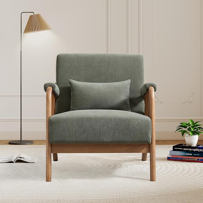 IOMOR Mid Century Modern Accent Chair with Solid Wood Frame, Upholstered Living Room Chairs with Lumbar Cushion Padded Arms, Reading Armchair for Bedroom (2, Olive Green)