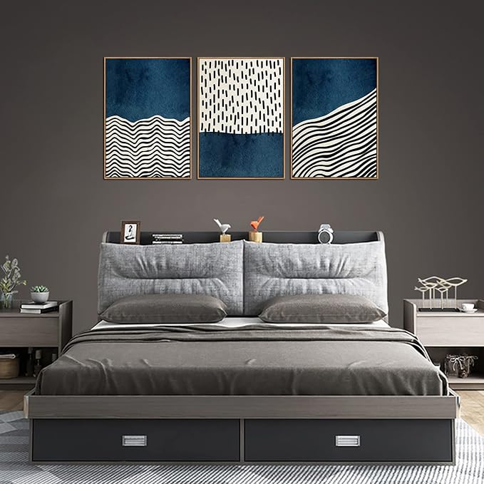 Framed Wall Art Canvas Set Mid Century Boho Picture Modern Abstract Geometric Lines Wall Decor Minimalist Black Indigo Canvas Painting Artwork Living Room Bedroom Home Office 20"x28"x3 Natural
