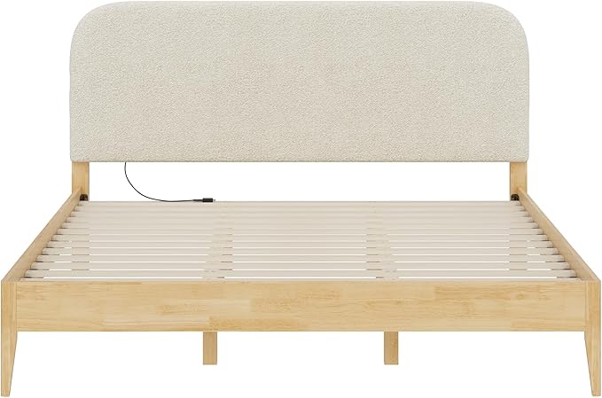 KISLOT Wood Bed Frame with USB & Type-C Charging, Boucle Platform Bed with Upholstered Headboard Mattress Foundation No Box Spring Needed Easy Assembly
