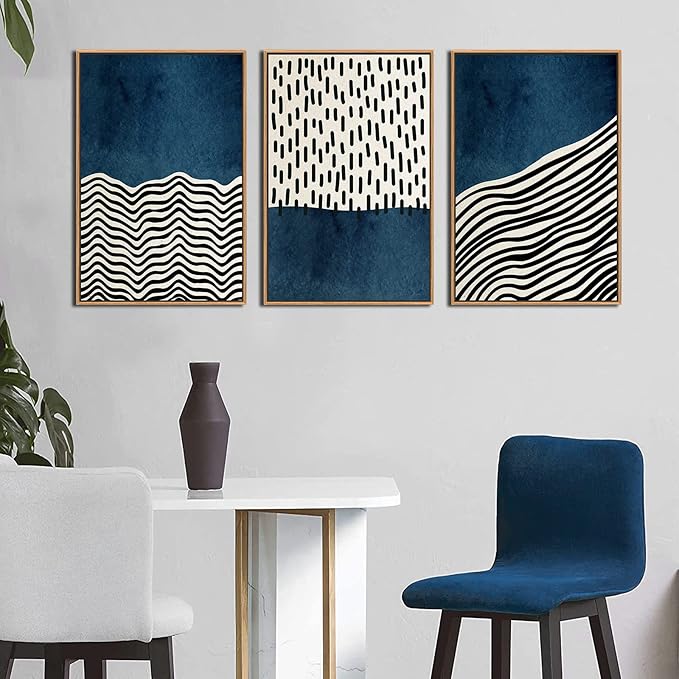 Framed Wall Art Canvas Set Mid Century Boho Picture Modern Abstract Geometric Lines Wall Decor Minimalist Black Indigo Canvas Painting Artwork Living Room Bedroom Home Office 16"x24"x3 Natural