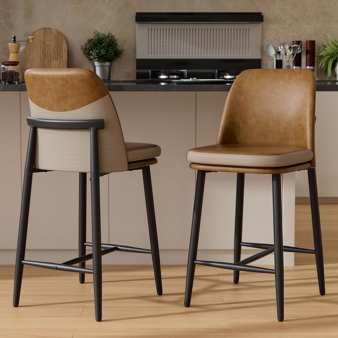 GXJ Bar Stools Set of 2, Upholstered Counter Height Bar Stools, 26 Inch Modern Counter Stools with Back, Textured Leather&Fabric, Metal Legs,Barstools for Kitchen Island Dining Room, Brown