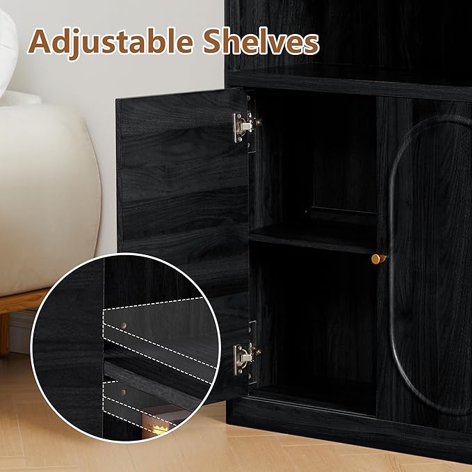 ORRD 70.8" Tall Fluted Bookshelf with Storage Cabinet Set of 2, Modern 5-Tier Wood Bookcase with Open Display Storage Shelf, Gold Handles for Office Living Room (Black)