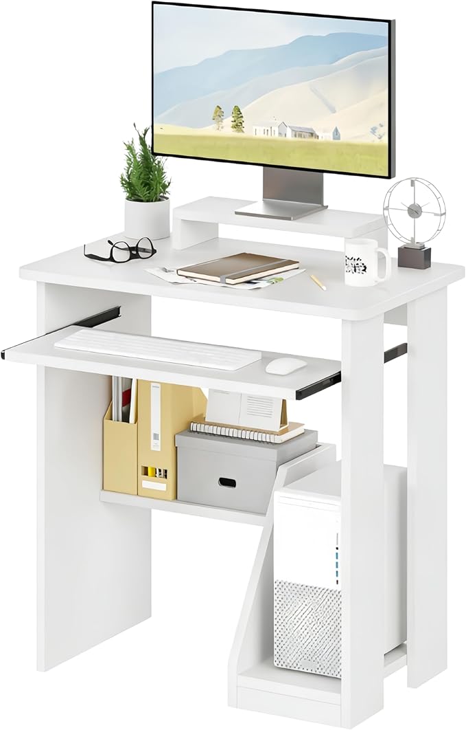ALISENED 30" Small Computer Desk with Keyboard Tray Monitor Stand, Study Writing Desk with Storage Shelves, Modern Workstation for Small Spaces, Save Space, White