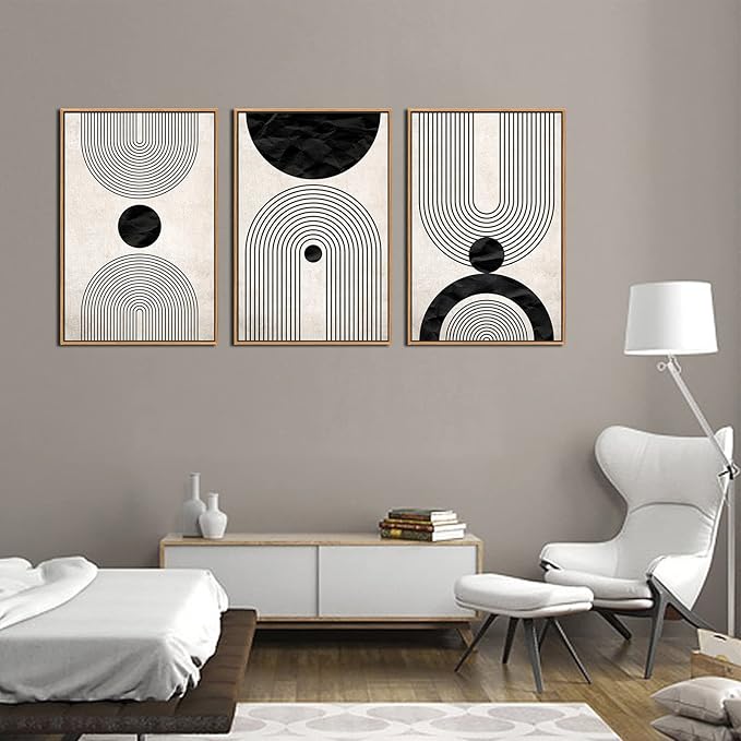 Framed Wall Art Canvas Set Mid Century Boho Pictures Modern Abstract Geometric Wall Decor Minimalist Black Beige Bohemian Canvas Painting Artwork for Living Room Bedroom Office 16"x24"x3 Natural