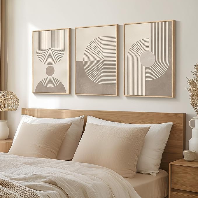 Framed Boho Neutral Abstract Wall Art for Living Room, 3 Piece Mid Century Modern Painting Prints, Minimalist Geometric Canvas Artwork for Dining Room Bedroom Hallway Office Wall Decor, 16x24 In