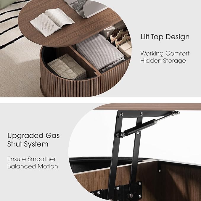 JOINICE 42.5" Oval Lift Top Coffee Table with Storage, Mid Century Modern Walnut Center Table with Fluted Design, Solid Wood Legs & Hidden Compartment, Pop Up Coffee Table for Living Room