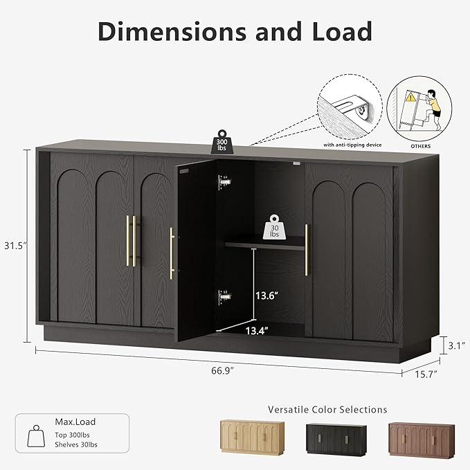 FORTUNETEC Sideboard Buffet Cabinet with Storage, Modern Accent Cabinet with Arched Doors, 67" Large Modular Media Console, Minimalist Credenza for Living Room Kitchen Dining Room Entryway, Black