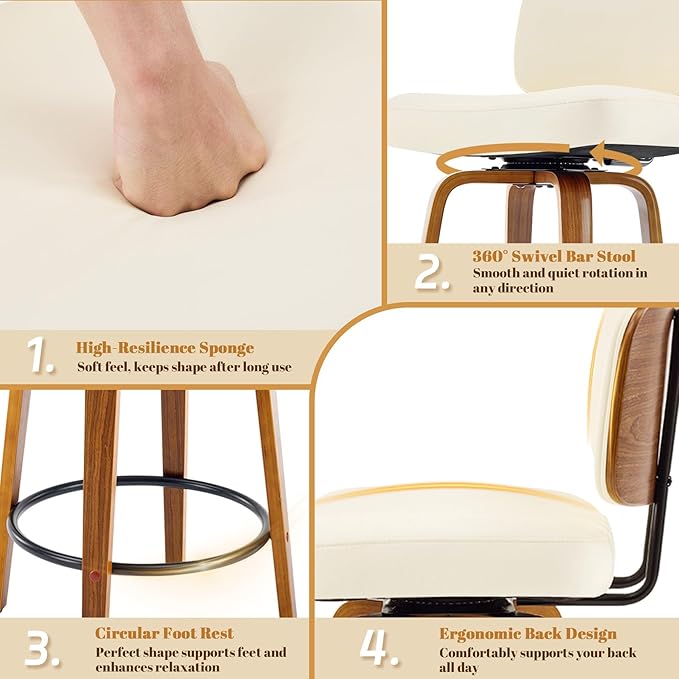 Counter Height Bar Stools Set of 2, 26+inch Swivel Faux Leather Barstool with Back, Upholstered Mid-Century Modern Bar Chairs with Bent Wood Legs for Kitchen Counter, Dining Room, Cream White
