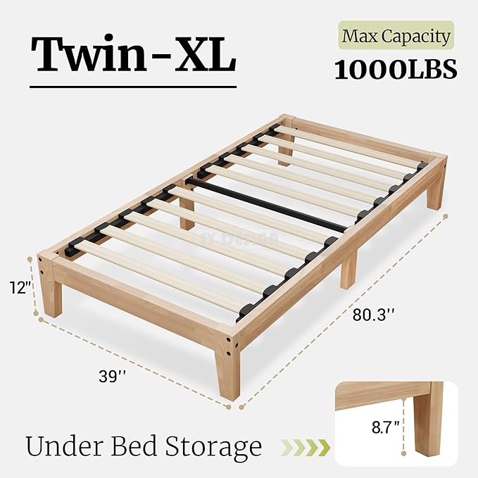 Awesofurni Twin XL Bed Frame, 12 Inch Solid Wood Platform Bed with Wooden Slats, Natural Finish Wood Bed Frame No Box Spring Needed, Noise Free - Easy Assembly