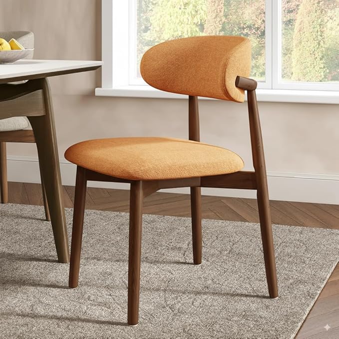 Modern Solid Wood Dining Chairs Set of 2 with Curved Back, Ergonomic Upholstered Seat, Natural Wood Legs with Adjustable Anti-Slip Foot Pad (Orange-Walnut, Set of 2)