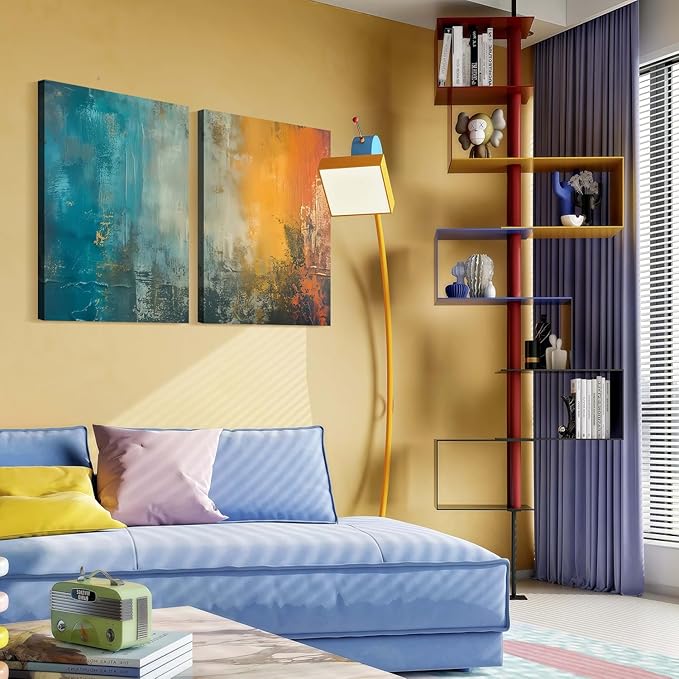 2 Framed Canvas Abstract Art Blue Orange Wall Decor Paintings for Home Bedroom Office Kitchen Wall Decor Modern Abstract Wall Art Paintings Prints 12x16 Inch