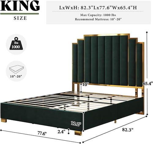 AMERLIFE King Size Upholstered Bed, Modern Velvet Bed Frame with 65.4” Tall Gold Trim Headboard, No Box Spring Needed, Green