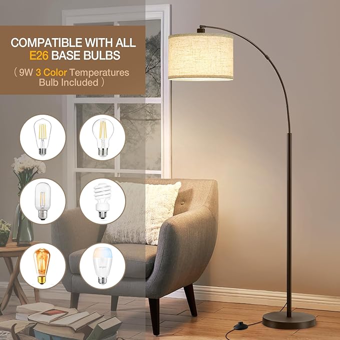Luvkczc 71" Arc Floor Lamp for Living Room, Vintage Floor Lamp with Adjustable Lamp Head, Tall Pole Lamp with Foot Pedal Switch, Over Couch Arched Reading Light for Bedroom, Office, Study Room