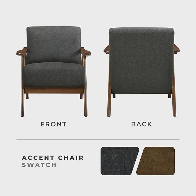 Lexicon Mid Century Modern Accent Chair with Solid Wood Frame in Walnut Finish, Upholstered Living Room Lounge Arm Chair, Thick and Comfy Innerspring Seat Cushion, Linen-Look Fabric, Dark Grey