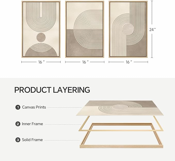 Framed Boho Neutral Abstract Wall Art for Living Room, 3 Piece Mid Century Modern Painting Prints, Minimalist Geometric Canvas Artwork for Dining Room Bedroom Hallway Office Wall Decor, 16x24 In