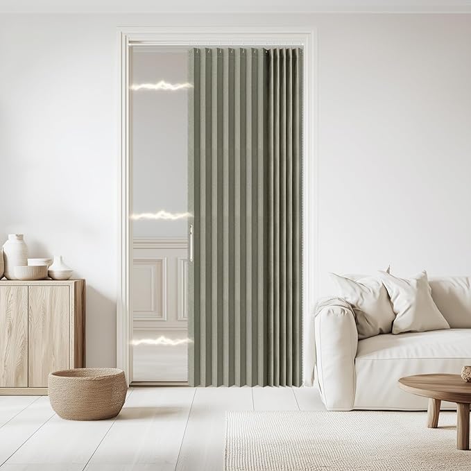Jilron Accordian Door Curtain, 100% Blackout Folding Magnetic Doorway Curtains,Linen Style Closet Doors,for Room Divider,Privacy Protection（W52 x L78,Grey,1 Panel）