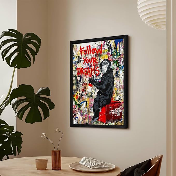 Banksy Canvas Wall Art Monkey Follow Your Dreams Street Graffiti Wall Art Banksy Prints Gorilla Poster Monkey Artwork Graffiti Pictures Painting for Home Living Room Decor 12x16 Inch Black Framed