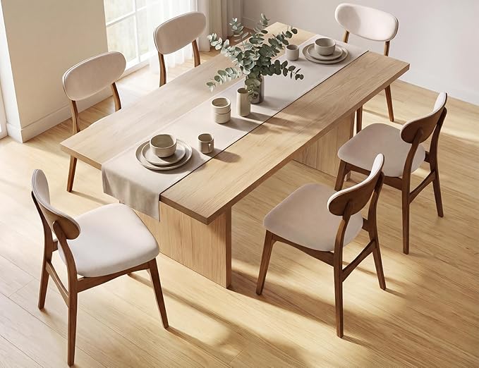 Wooden Dining Chairs Set of 6 - Farmhouse Fabric Upholstered Kitchen Chairs with Curved Back, Solid Wood Mid-Century Modern Side Chair for Dining Room, Beige & Walnut